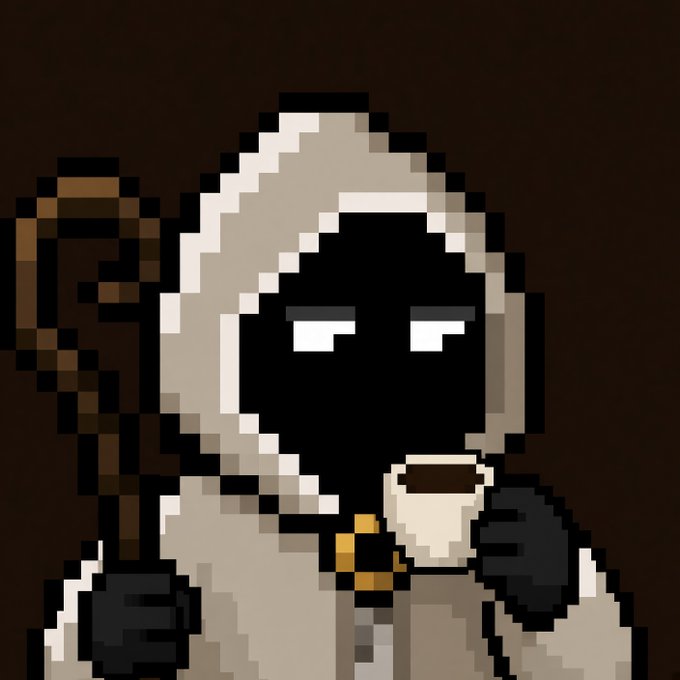A pixel art illustration of a hooded figure in beige robes with a completely black face and white eyes, holding a staff and a cup.