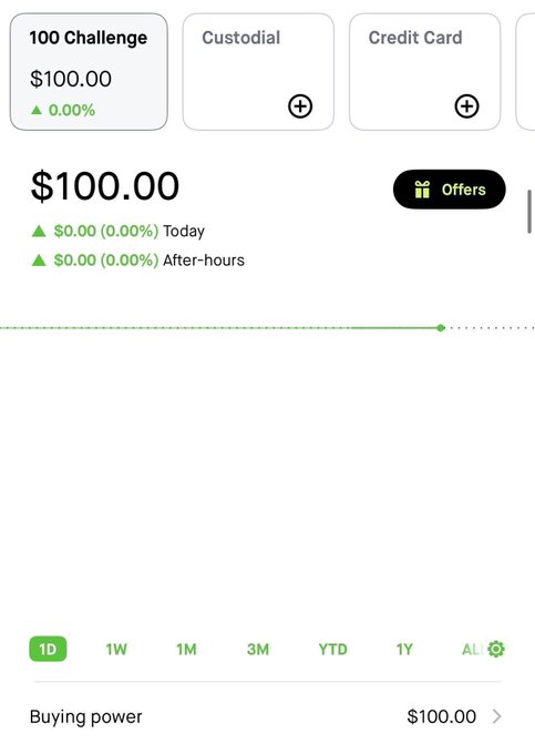 A screenshot of a Robinhood trading account shows a "100 Challenge" portfolio with a starting balance of $100.00 and $100.00 in buying power, illustrating the beginning of a $100 to $10,000 trading challenge.