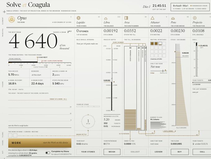 Screenshot of 'Solve et Coagula' mining interface showing 'Opus THE WORK' with 4,640 of 100 stoneyard, displaying stone dimensions, price per stone, event statistics, and production rate details.