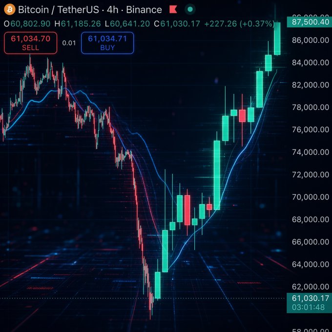 A Bitcoin/TetherUS 4-hour Binance trading chart showing a price of 61,030.17 with a +0.37% change, featuring red and green candlesticks, moving average lines, and sell/buy buttons at 61,034.70 and 61,034.71.