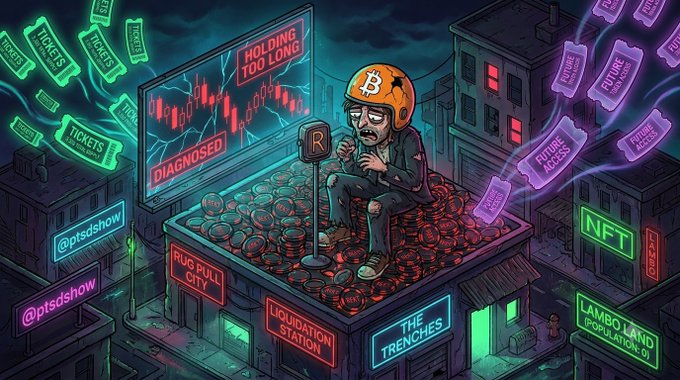 A cyberpunk-style illustration depicting a Bitcoin-themed character sitting on a pile of coins atop a 'LIQUIDATION STATION' building, surrounded by neon signs reading 'HOLDING TOO LONG', 'DIAGNOSED', 'THE TRENCHES', and 'LAMBO LAND POPULATION: 0'.