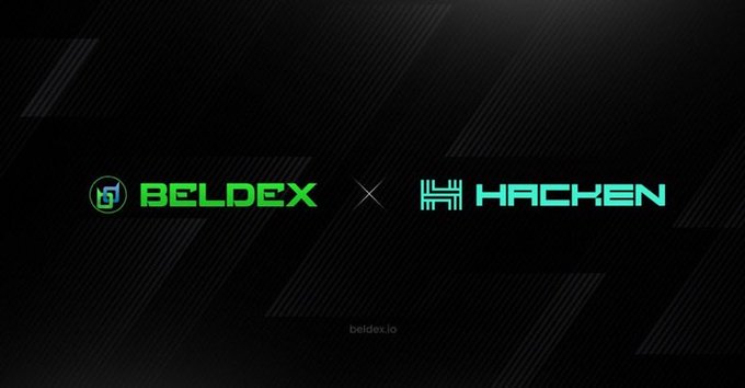 A promotional graphic with a black background displaying the logos 'BELDEX' and 'HACKEN' separated by an 'x', with 'beldex.io' written at the bottom.