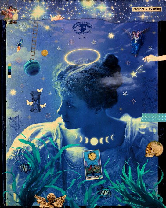 A surreal blue-toned collage featuring a classical woman in profile with a glowing halo, surrounded by floating elements including an eye, angel, hourglass, skull, moon phases, tarot card, and text reading 'eternal • evening'.