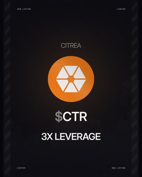 The image features an advertisement for a cryptocurrency called $CTR. The poster includes a logo of a hexagon with an orange center, which is the main focus of the image. Below this logo, there are three lines of text that provide information about the cryptocurrency and its offerings. These details include the name "$CTR", the price of the cryptocurrency in US dollars, and the term "3x leverage". The poster also includes a small illustration of a dollar sign with an arrow pointing to it, which is likely meant to represent the value of the cryptocurrency.