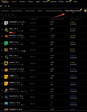A screenshot of Binance Wallet's "Stock Meme Coin" tracking list displays various meme tokens with their tickers (such as $MARS, $ASTRX, $GPU, $NPC, $RIF, $SIREN), market caps, and trading volumes. The image serves as visual evidence for the accompanying post's claim that aside from $GPU, the meme coin listings on Binance Wallet are largely unremarkable, with $Marscoin ($MARS) being highlighted as the top performer in this otherwise lackluster selection.