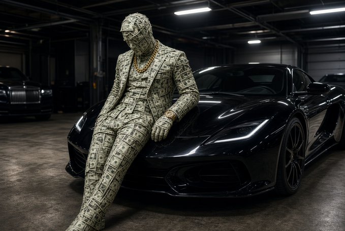 A person entirely covered in a dollar bill-patterned suit and cap, adorned with gold jewelry, poses seated on a sleek black sports car in a dimly lit garage with a Rolls-Royce visible in the background.