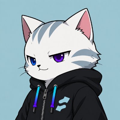 An anime-style anthropomorphic white cat character with blue and purple eyes wearing a black hoodie with a zipper.