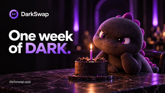 A promotional banner for DarkSwap features a dark, fluffy creature resembling a dragon or dinosaur looking at a chocolate birthday cake with a single lit candle. The text reads 'DarkSwap', 'One week of DARK.', and 'darkswap.app'.