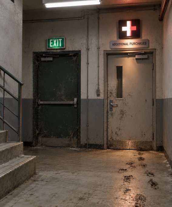 A dimly lit, grungy industrial hallway features two doors: a dark green door under a green 'EXIT' sign and a metal door labeled 'ADDITIONAL PURCHASES' with a red cross symbol above it, while muddy footprints lead across the concrete floor.