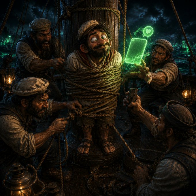 A dramatic, stylized illustration depicts a cartoonish bearded sailor bound with rope to a ship's mast, surrounded by menacing crewmates in a dark, stormy nighttime setting, while a glowing green smartphone with a heart icon appears to tempt him.