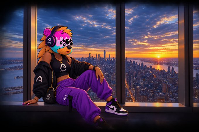 A 3D-style illustration of an anthropomorphic lion character wearing 'Arc' branded headphones and clothing, sitting by a window with a vibrant sunset view over the New York City skyline.