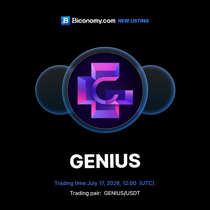 A promotional graphic from Biconomy.com announcing a new listing for Genius Terminal ($GENIUS), featuring the platform's purple and pink "G" logo with spotlight effects on a dark background, and displaying the trading pair GENIUS/USDT with a launch time of July 17, 2026, 12:00 (UTC).