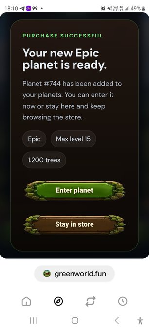 The image shows a "PURCHASE SUCCESSFUL" notification from greenworld.fun confirming that Epic Planet #744 has been added to the user's collection, featuring details like "Max level 15" and "1,200 trees," along with "Enter planet" and "Stay in store" buttons—directly celebrating the new epic planet acquisition mentioned in the accompanying post.