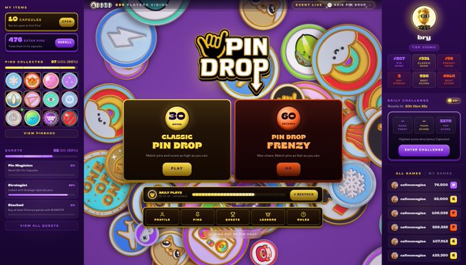 A screenshot of the 'Pin Drop' online game interface showing daily challenges, quests, and game mode options for 'Classic Pin Drop' and 'Pin Drop Frenzy'.
