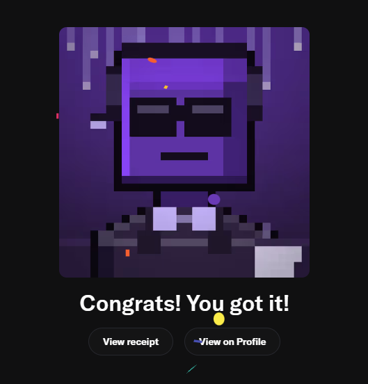 A pixel art character wearing sunglasses on a purple background with text 'Congrats! You got it!' and buttons for 'View receipt' and 'View on Profile'.