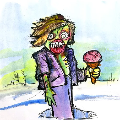 Watercolor and ink illustration of a green-skinned zombie woman with wild hair, wearing a purple jacket and holding a pink ice cream cone.