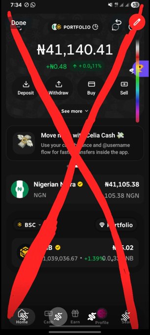 A screenshot of a cryptocurrency portfolio app showing a balance of ₦41,140.41 with Nigerian Naira and BNB balances, overlaid with a large red 'X' mark and a 'Done' button.