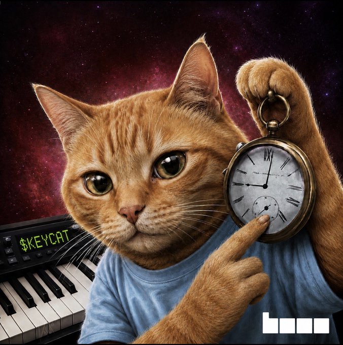 An anthropomorphic orange tabby cat wearing a blue t-shirt points at an antique pocket watch with Roman numerals, set against a cosmic purple starry background with a keyboard displaying '$KEYCAT' visible on the left.