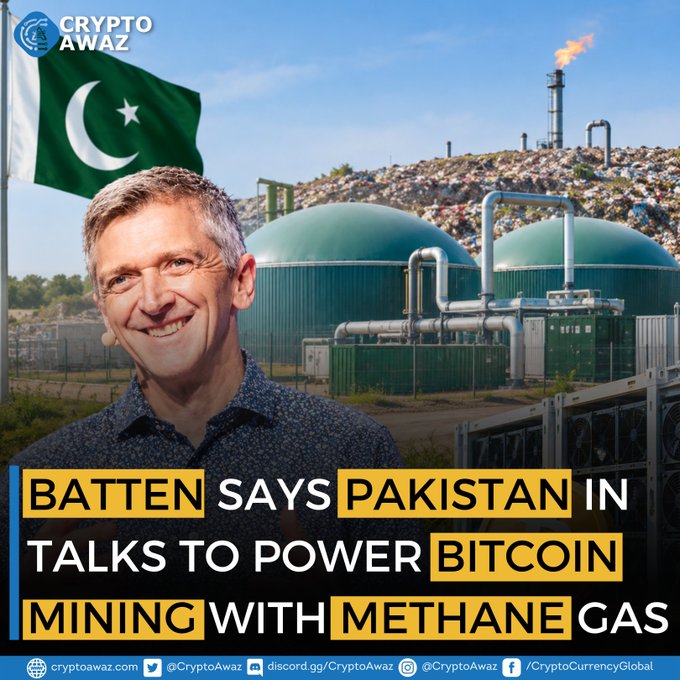 A promotional graphic from 'Crypto Awaz' features a man's face alongside the Pakistan flag and biogas plant, with the headline 'BATTEN SAYS PAKISTAN IN TALKS TO POWER BITCOIN MINING WITH METHANE GAS'.