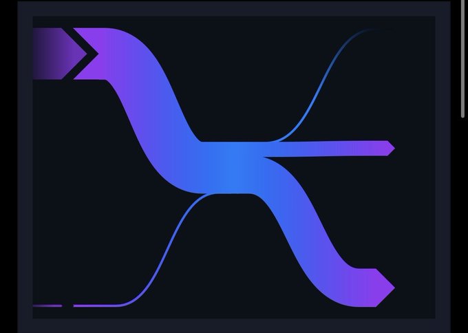A stylized logo consisting of a symmetrical, flowing 'X' design in blue and purple gradients on a dark gray background.