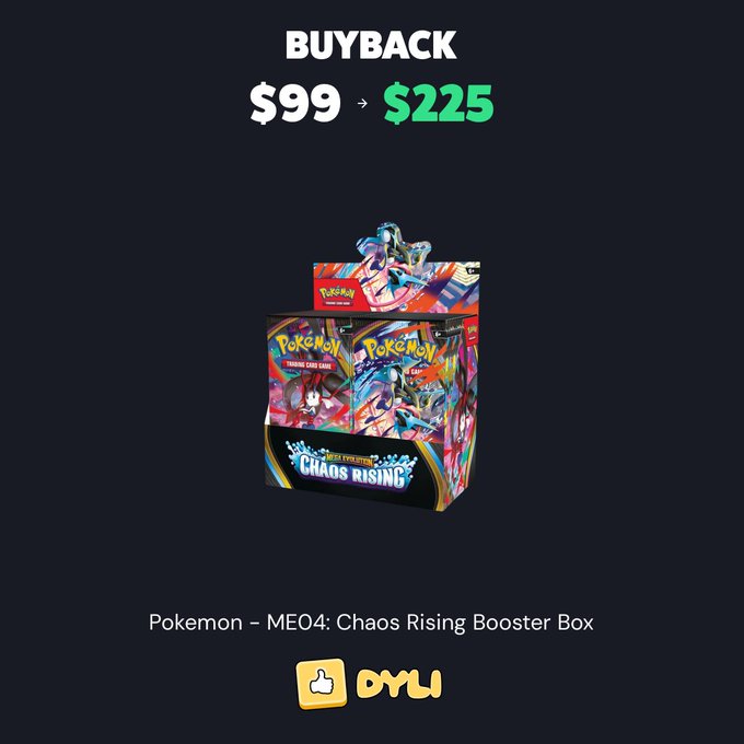 An OWL app promotional image showing a Pokemon MEO4: Chaos Rising Booster Box with a buyback price increase from $99 to $225.