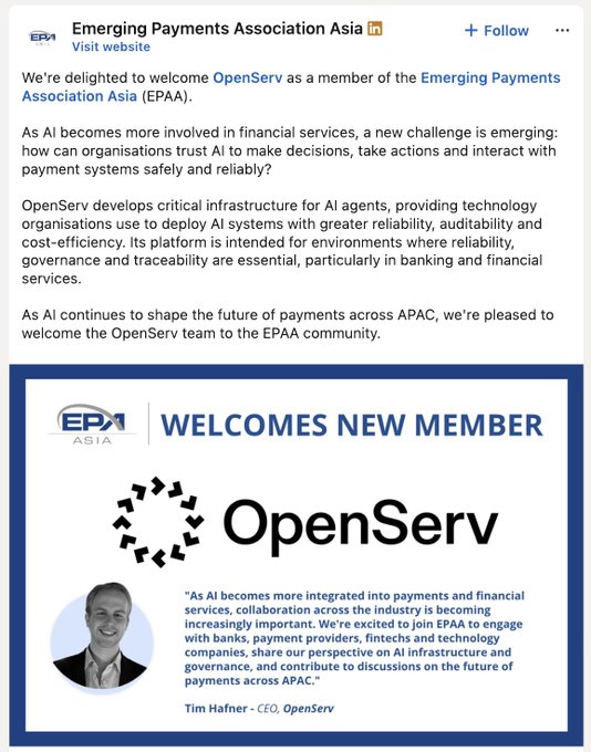 A LinkedIn post from Emerging Payments Association Asia announcing OpenServ as a new EPAA member, featuring a quote from Tim Hafner, CEO of OpenServ, welcoming the collaboration as AI becomes more integrated into payments and financial services.