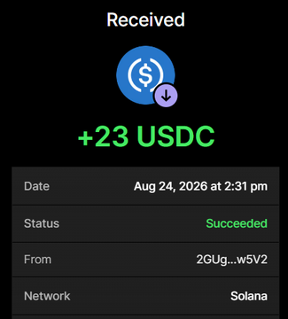 A screenshot of a confirmed crypto wallet transaction showing the successful receipt of +23 USDC on the Solana network on Aug 24, 2026, with the truncated sender address "2GUg…w5V2," corresponding to the payment made for purchasing 7.35 million $BULLPURR tokens.