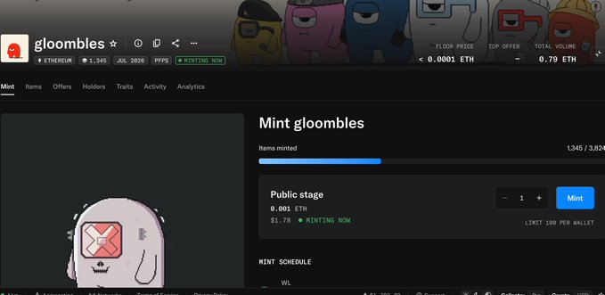 A screenshot of the "gloombies" NFT mint page on Ethereum showing 1,345/3,824 items minted at 0.001 ETH during the public stage. The image aligns with the post's message about patience and preparing for the verified pre-mint drop of @Gloombles.