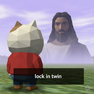 A low-poly 3D figure with cat ears stands in a grassy field looking up at a ghostly bearded man with text 'lock in twin' overlaid.