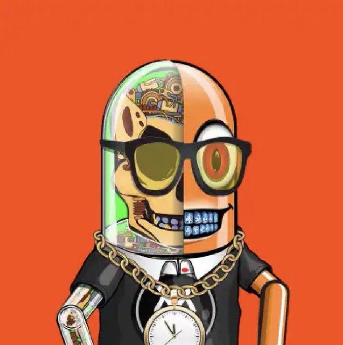 A cartoon character with a half-robotic, half-skeletal head wears sunglasses, a gold chain, and a pocket watch against an orange background.