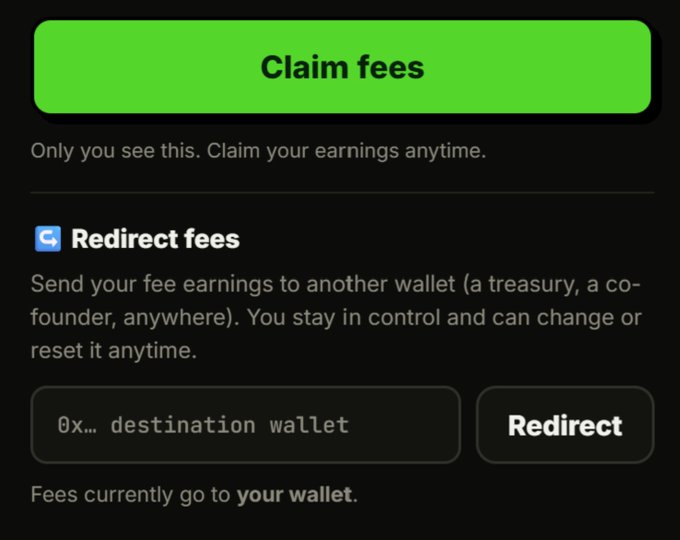 A screenshot of the @hoodlauncherfun interface showing a green "Claim fees" button and a "Redirect fees" section where users can input a destination wallet address (e.g., "0x… destination wallet") to send their SushiSwap trading fee earnings to any wallet of their choice, aligning with the post's announcement about giving users full control over where their fees go.