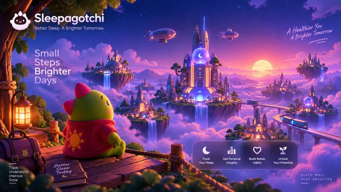 A promotional graphic for Sleepagotchi features a green mascot in a red hoodie overlooking a fantastical floating cityscape at sunset, with the tagline "Small Steps, Brighter Days" and "A Healthier You, A Brighter Tomorrow" alongside icons for tracking sleep, personal insights, better habits, and unlocking potential—visually reinforcing how the app transforms raw sleep data into a guided, gamified wellness journey.