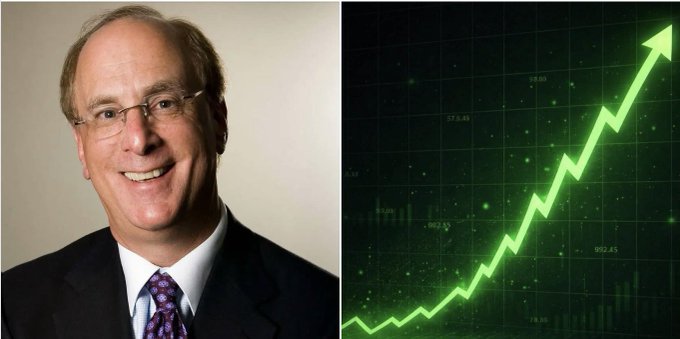 The image shows a professional headshot of a smiling man in a suit and glasses on the left, paired with a green upward-trending stock chart on a dark background on the right, visually symbolizing financial growth—aligning with the post about BlackRock's ETF making consecutive Bitcoin purchases totaling $116.5 million.