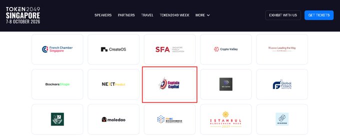 The screenshot displays the TOKEN2049 Singapore 2026 website (7-8 October 2026), featuring a grid of partner logos where Captain Capital is highlighted with a red box as a Community Partner among other sponsors like French Chamber Singapore, CreateOS, SFA, and Crypto Valley.