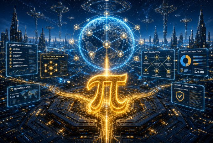 A futuristic digital artwork showing a glowing orange pi (π) symbol in front of a holographic globe and cityscape, surrounded by panels displaying text like 'DECENTRALIZED FINANCE', 'BLOCKCHAIN NETWORK', 'π NETWORK STATUS', 'CHFI ECOSYSTEM', 'GLOBAL TRANSACTIONS', and 'SECURE & TRANSPARENT'.