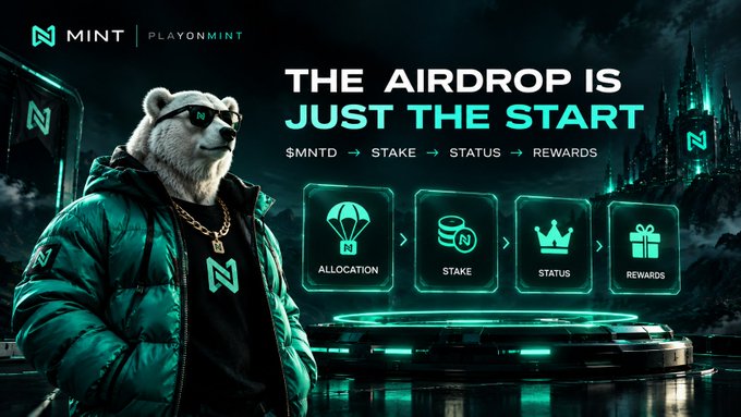 A promotional crypto graphic for 'MINT | PLAYONMINT' featuring a bear character wearing sunglasses and a puffer jacket, with text 'THE AIRDROP IS JUST THE START' and icons for Allocation, Stake, Status, and Rewards.