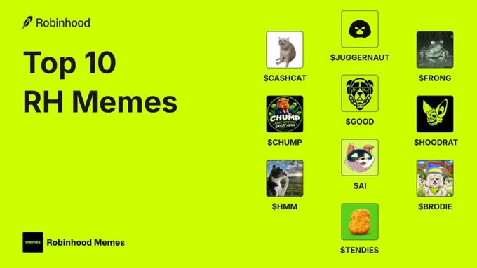 A bright green graphic titled 'Top 10 RH Memes' features the Robinhood logo and displays nine meme characters including $CASHCAT, $JUGGERNAUT, $FRONG, $CHUMP, $GOOD, $HOODRAT, $HMMM, $AI, and $BRODIE, with $TENDIES at the bottom.