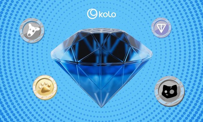 ikola logo, four coins (gold, silver, blue, purple), and a diamond are arranged on a blue background with white polka dots.