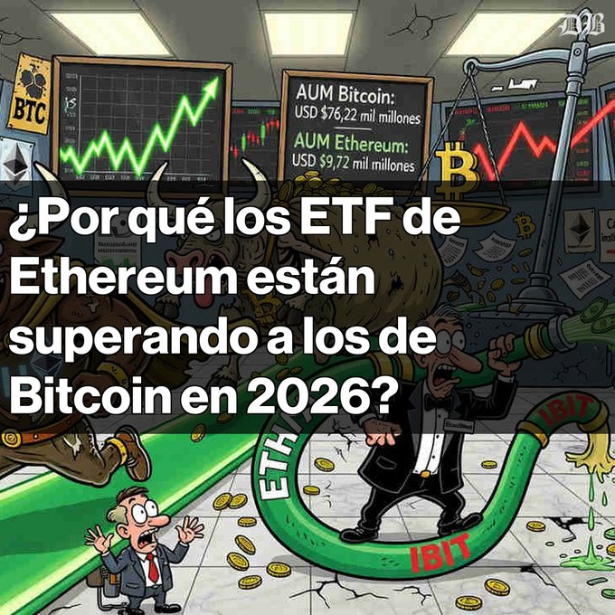 A cartoon illustration featuring a bull and a businessman with a question mark, displaying Spanish text asking '¿Por qué los ETF de Ethereum están superando a los de Bitcoin en 2026?' along with AUM figures for Bitcoin and Ethereum.