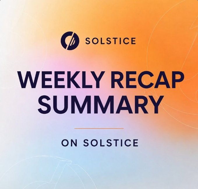 The image features a poster for a weekly recap of a podcast called @solsticefi, which was released on June 8th, 2016. The summary highlights key points from the podcast, including discussions about Bitcoin and Ethereum. The poster also includes an orange background with white text that reads "Weekly Recap" in black letters at the top and bottom, and the name of the podcast in a smaller font below it.