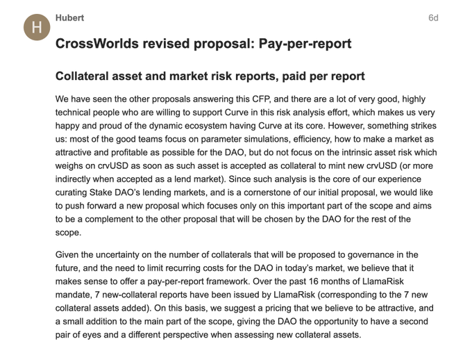 The image shows a proposal post by Hubert titled "CrossWorlds revised proposal: Pay-per-report" on what appears to be the Curve Finance governance forum, outlining a pay-per-report framework for collateral asset and market risk assessments referencing LlamaRisk's 16 months of operation and 7 new collateral reports.