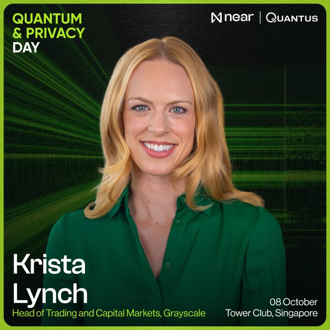 A promotional poster for 'Quantum & Privacy Day' featuring a smiling blonde woman in a green shirt, identified as 'Krista Lynch, Head of Trading and Capital Markets, Grayscale,' with the event scheduled for 08 October at Tower Club, Singapore, alongside 'near' and 'Quantus' logos.