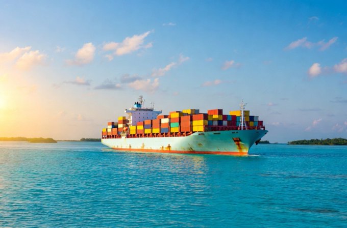 A scenic photograph of a large container cargo ship fully loaded with multicolored shipping containers sailing through calm turquoise tropical waters at sunset, with small green islands on the horizon.