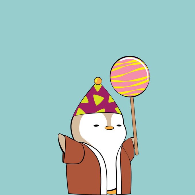 A cute cartoon illustration of a small bird-like character wearing a purple and yellow wizard hat and brown robe, holding a pink and yellow striped lollipop on a stick.