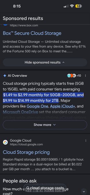 A Google search results page showing "Sponsored results" for Box Secure Cloud Storage and an AI Overview detailing cloud storage pricing ($1.49-$14.99 monthly for 50GB-2TB). The image illustrates typical industry pricing for cloud storage, contrasting with the post's claim of $3/month for 1TB of encrypted storage through the Bittensor (TAO) ecosystem.