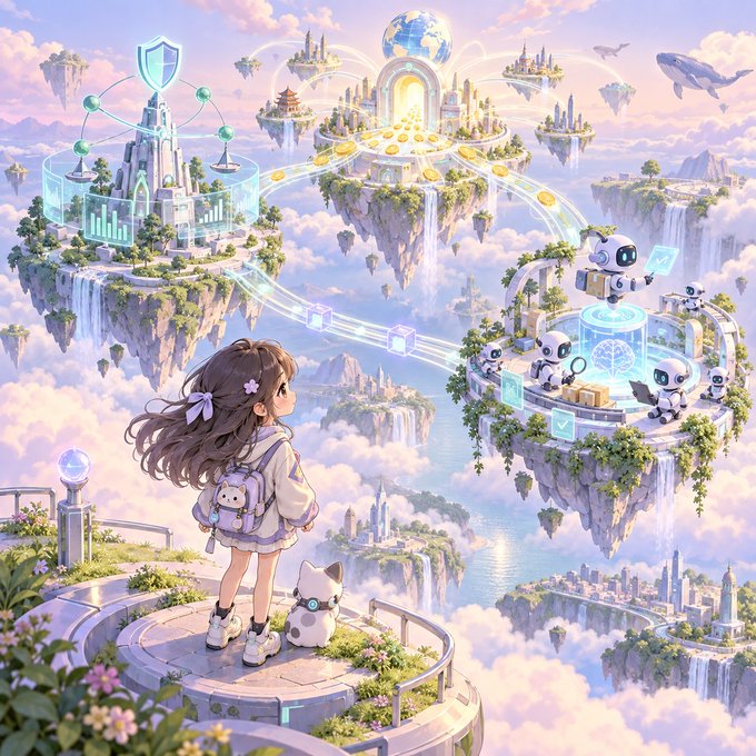 A dreamy fantasy illustration of a girl with a small cat companion gazing out at floating islands in the clouds, featuring a central castle, robots, and futuristic structures connected by glowing pathways.