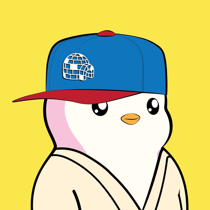 A cartoon illustration of a white bird-like character wearing a blue and red baseball cap featuring an igloo logo, set against a yellow background.