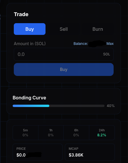 A dark-themed cryptocurrency trading interface shows a 'Trade' panel with options to Buy, Sell, or Burn, displaying a 'Bonding Curve' at 40%, time intervals showing 8.2% gain in 24h, a price of $0.0, and a market cap of $3.86K.