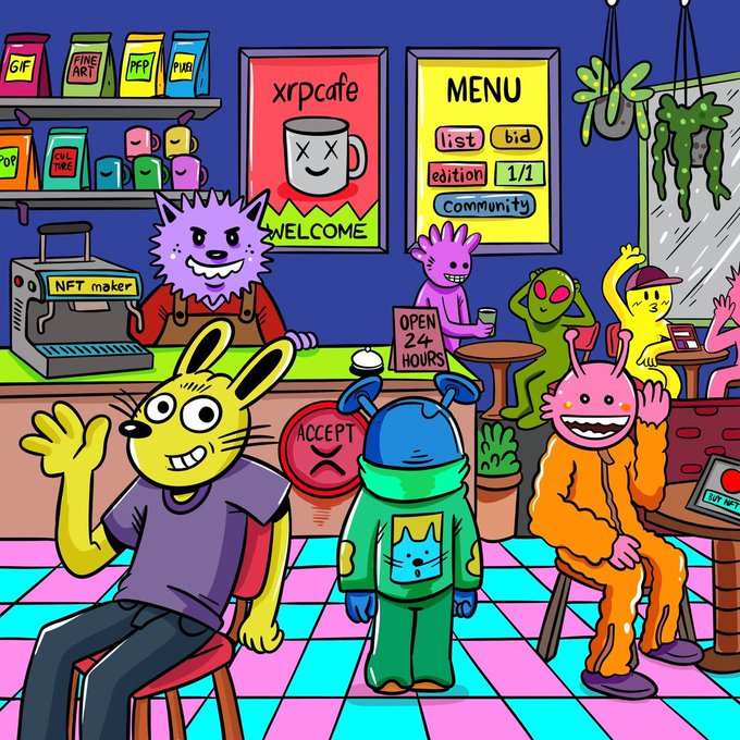 A vibrant, cartoon-style cafe scene titled "xrpcafe" featuring whimsical animal and alien characters, including a sharp wolf-like counter girl at an "NFT maker" machine, with menu text reading "list bid edition 1/1 community" and an "OPEN 24 HOURS" sign, celebrating the Bujang-san XRP Cafe commemorative NFT edition from the #XRPLNFT community.