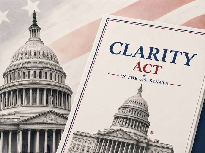The image shows a document titled "CLARITY Act - In the U.S. Senate" displayed against a backdrop featuring the U.S. Capitol dome and an American flag, visually reinforcing the post's message about Trump's push for Congress to accelerate legislation aimed at clarifying the jurisdictional divide between the SEC and CFTC for reduced regulatory friction.